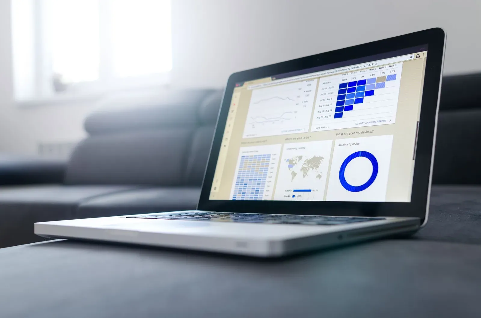 Laptop displaying an analytics dashboard for e-commerce revenue growth.