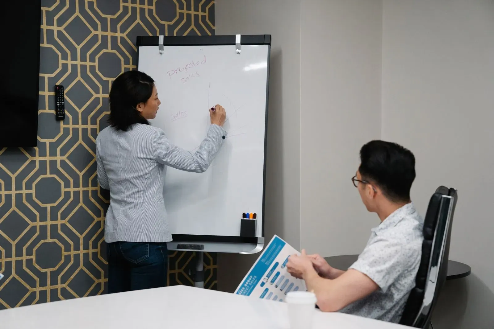 Équipes marketing et ventes construisant une grille de lead scoring au tableau blanc