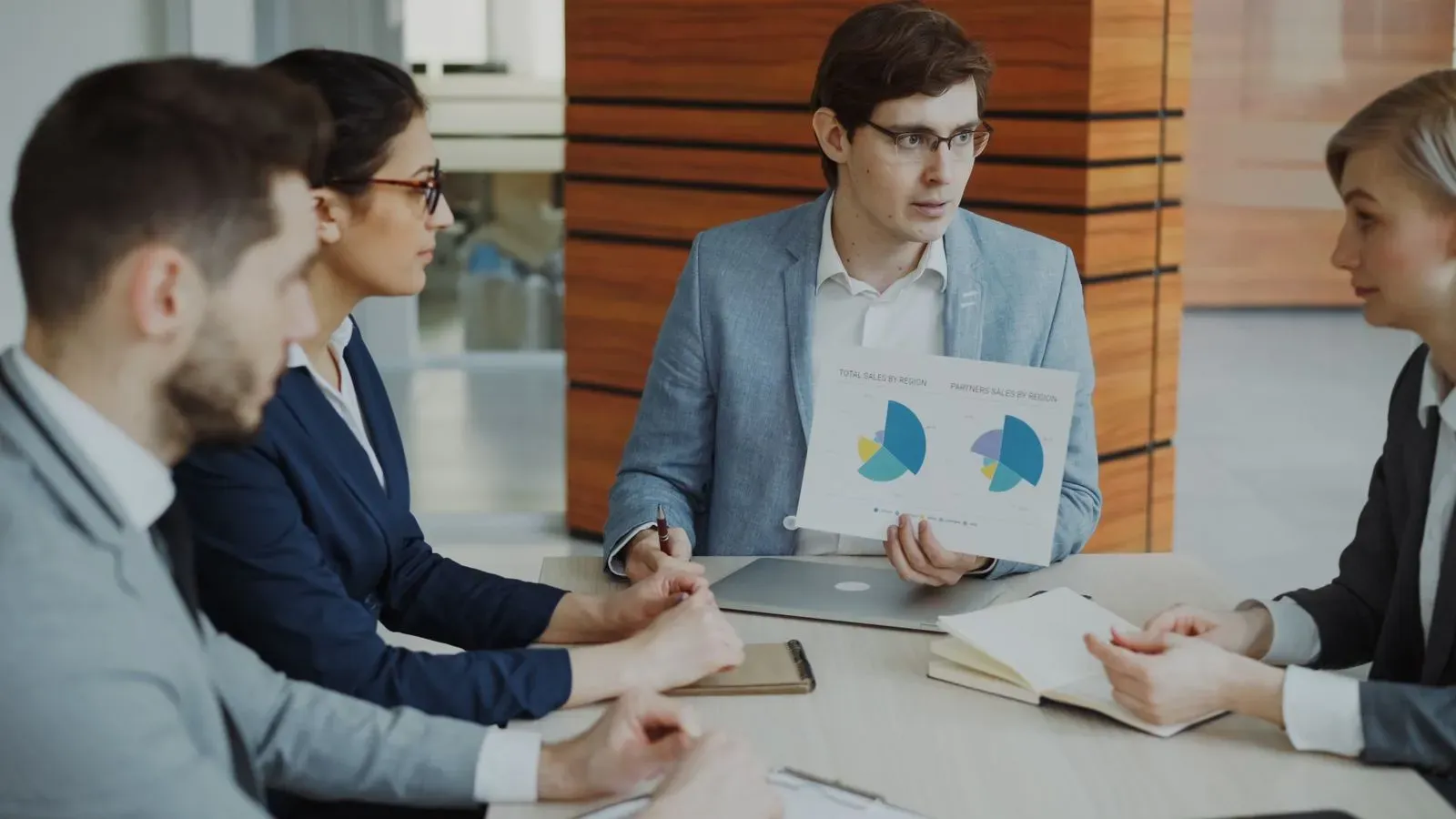 Sales team analyzing pipeline data in a meeting